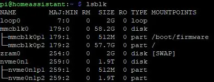 Terminal-Ausgabe des lsblk Befehls auf dem Raspberry Pi