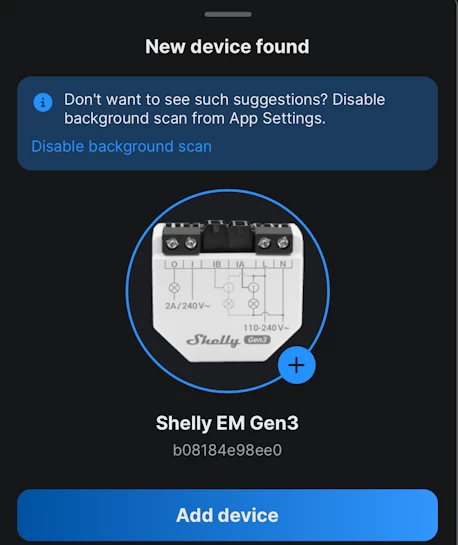 Smartphone-Screenshot der Shelly App mit dem Pop-up zur automatischen Erkennung des neuen Shelly EM Gen3