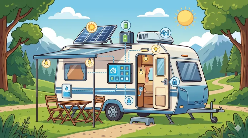 Bunte Vektor-Illustration eines autarken Wohnwagens mit Solarpaneelen, Home Assistant Tablet an der Außenwand und verschiedenen Smart-Home-Sensoren