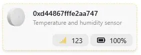 Gerätekarte eines neu angelernten Temperatur- und Luftfeuchtigkeitssensors in der Startansicht von Zigbee2MQTT